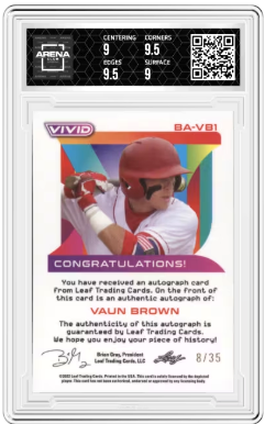 2022 Leaf Vivid Vaun Brown #BA-VB1 Red 08/35 Auto Baseball Arena Club 9.5