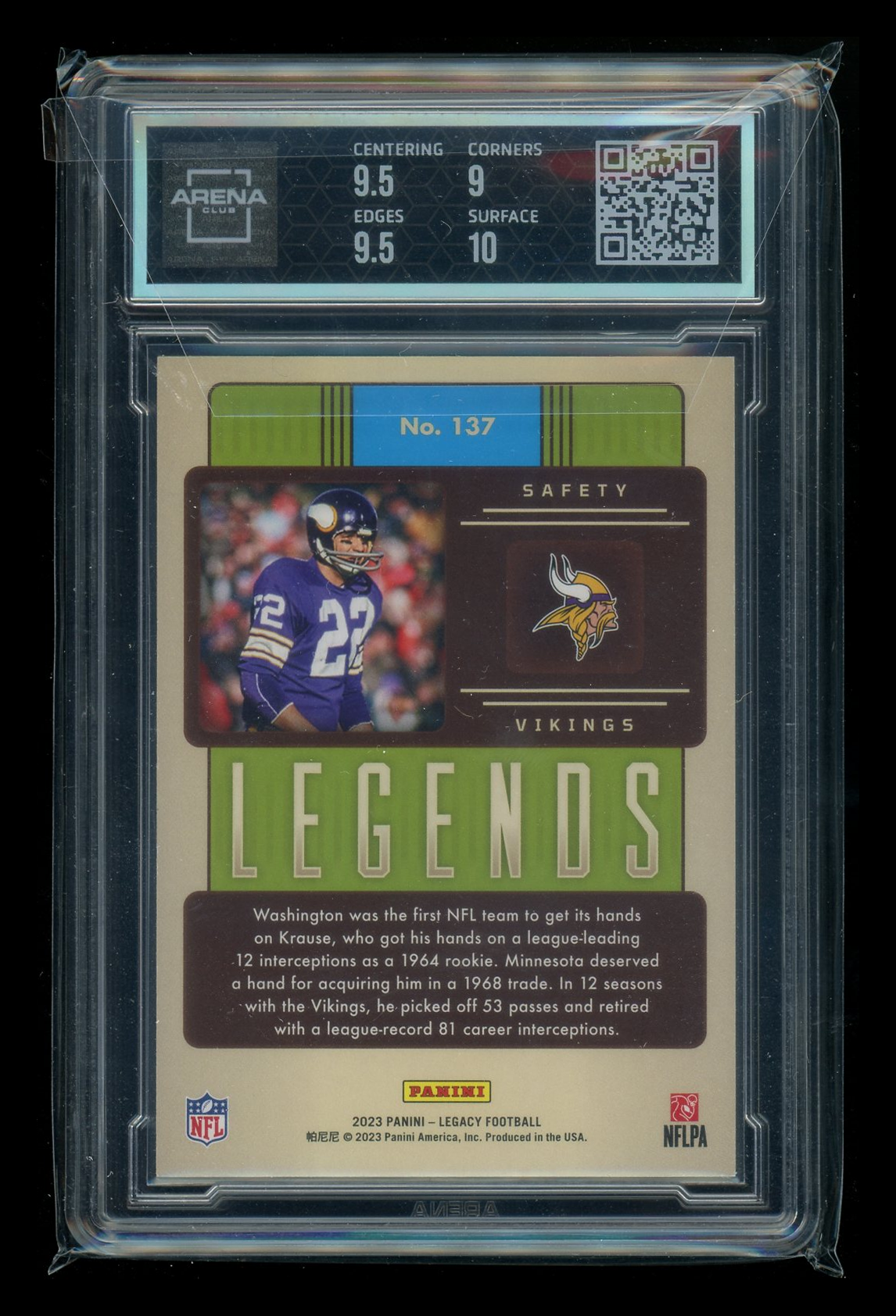 2023 Panini Legacy Yellow Paul Krause #137 030/150 Football Arena Club 9.5