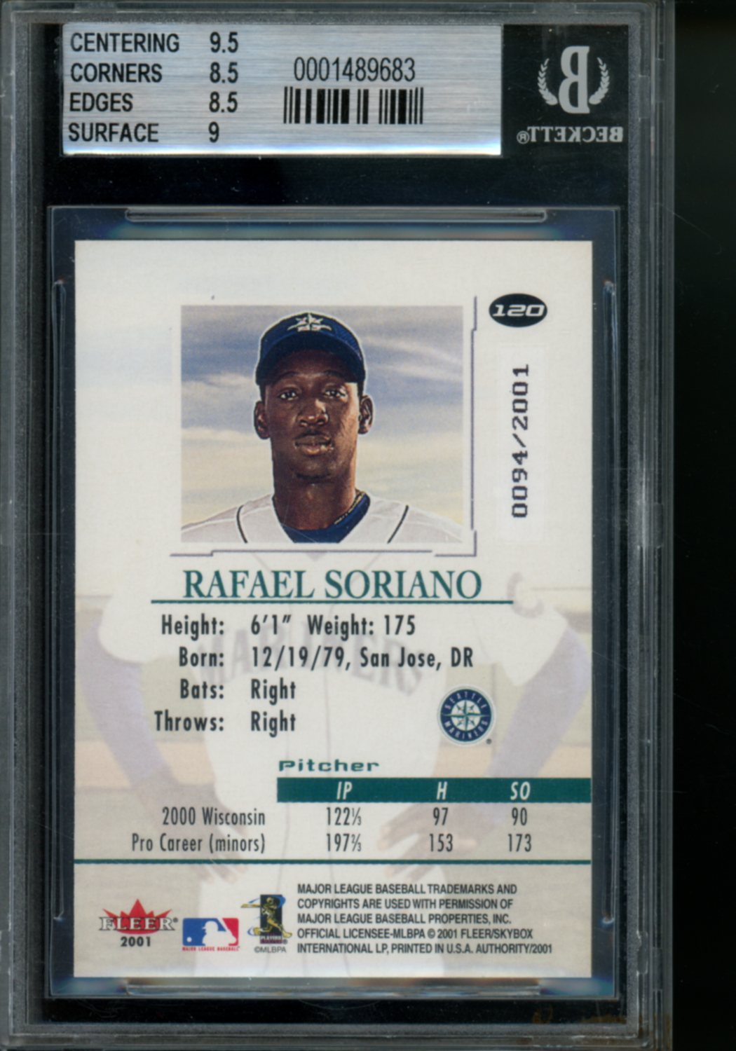 2001 Fleer Authority Rafael Soriano #120 0094/2001 Baseball BGS 8.5