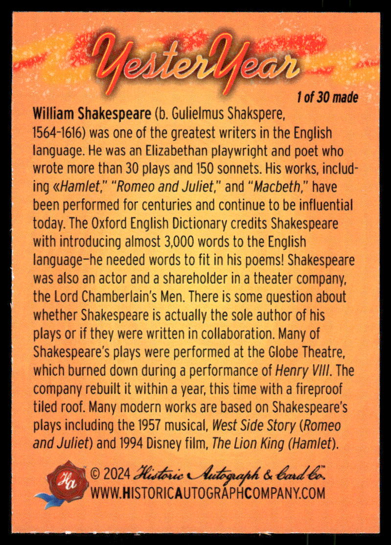 2024 Historic Autograph Company YesterYear William Shakespeare 1 of 30 #16