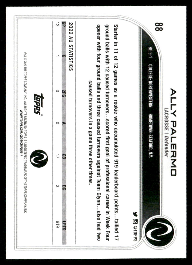 2023 Topps Athletes Unlimited Ally Palermo #88 Lacrosse