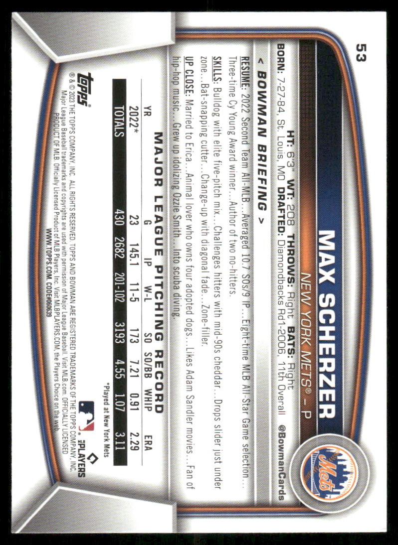 2023 Bowman Max Scherzer #53 Baseball