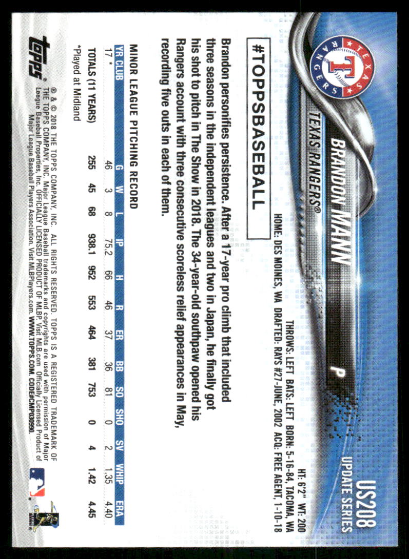 2018 Topps Update Series Brandon Mann #US208 RC Baseball
