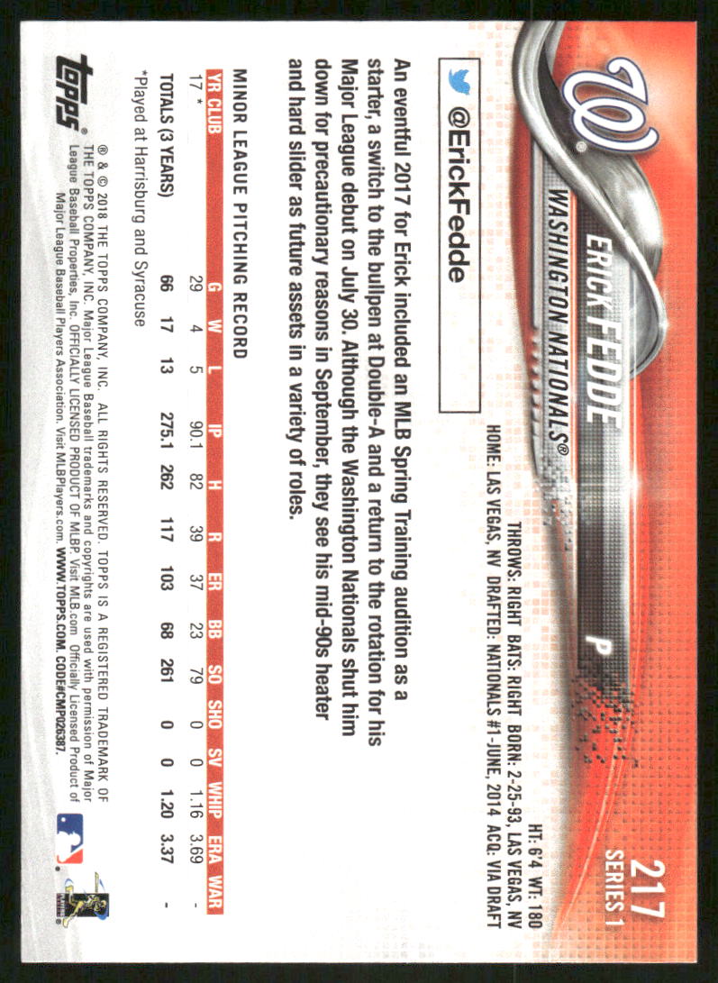 2018 Topps Erick Fedde #217 RC Baseball