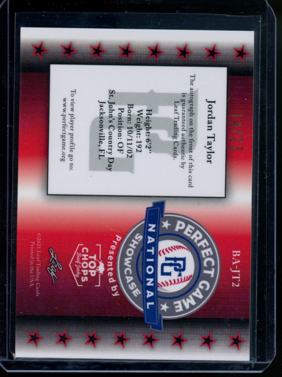 2021 Leaf Perfect Game National Showcase Jordan Taylor #BA-JT2 14/25 Autograph