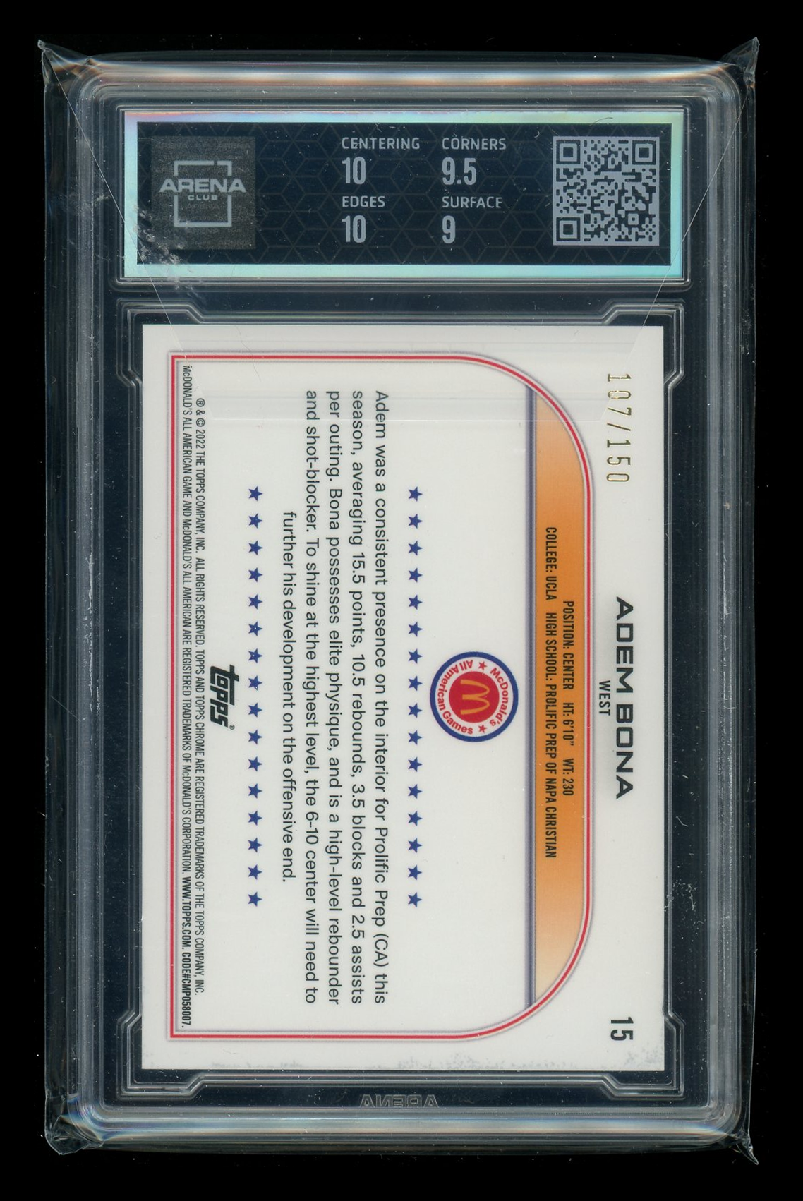 2022 Topps Chrome McDonald's Fuchsia Refractor Adem Bona #15 107/150 AC 9.5