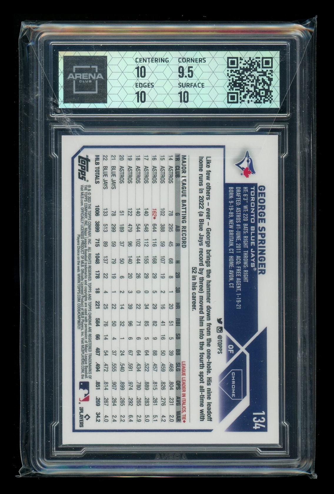 2023 Topps Chrome Purple Speckle Refractor George Springer #134 108/299 AC 10