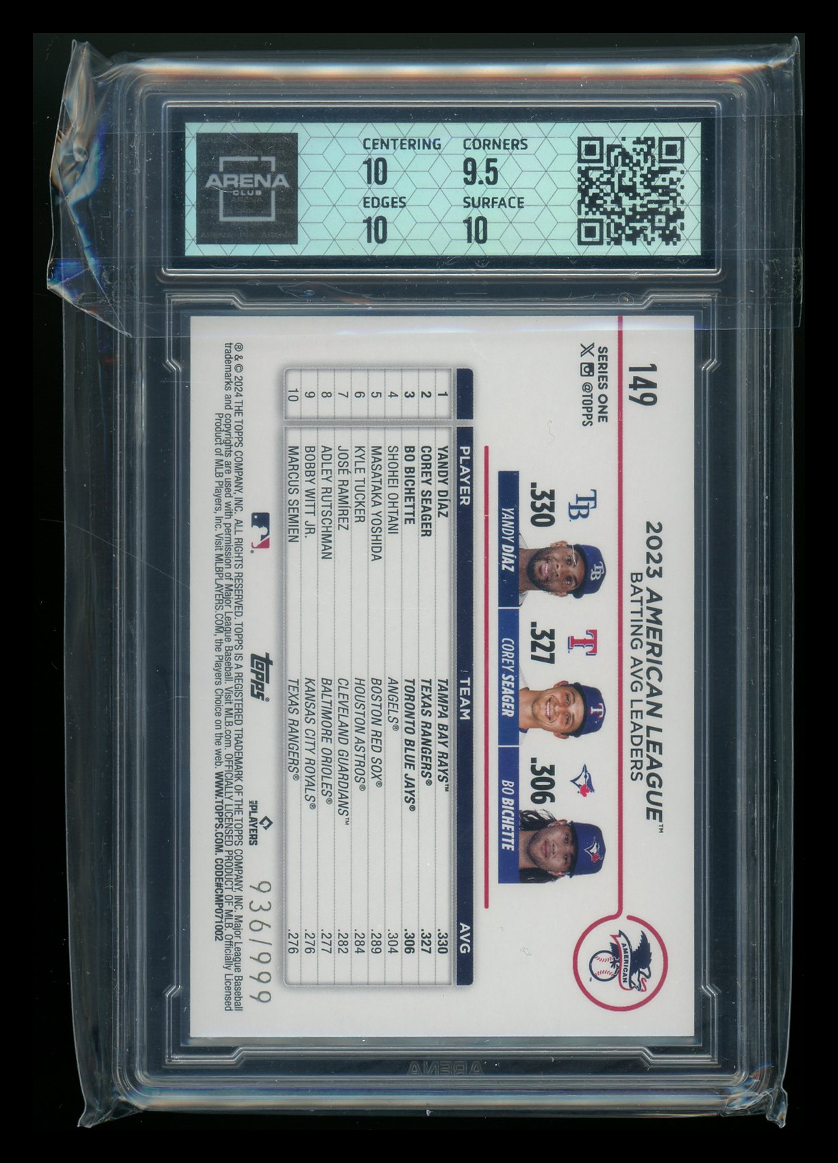 2024 Topps Blue Holofoil Bo Bichette Yandy Diaz Corey Seager #149 936/999 AC 10