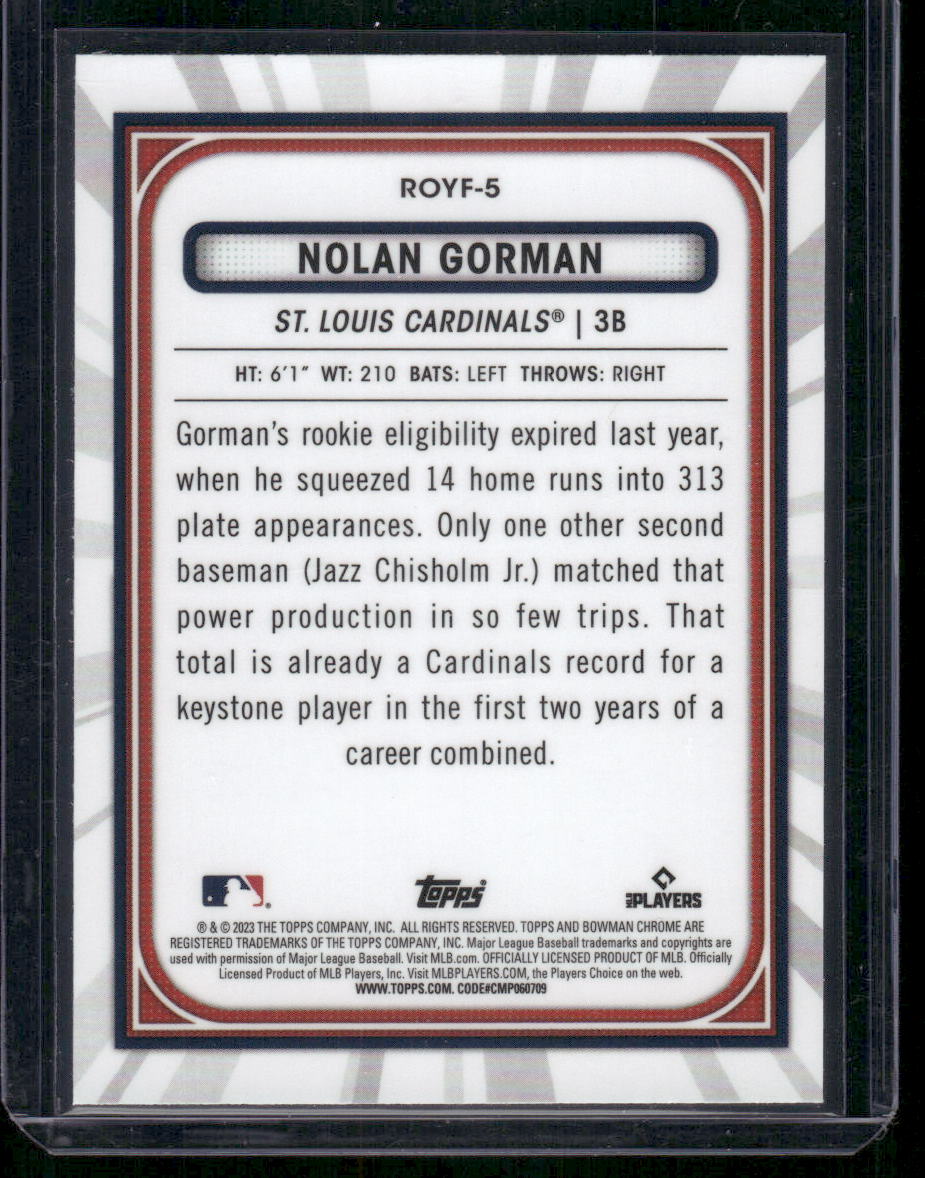 2023 Bowman Chrome Rookie of the Year Favorites Nolan Gorman #ROYF-5 RC Baseball