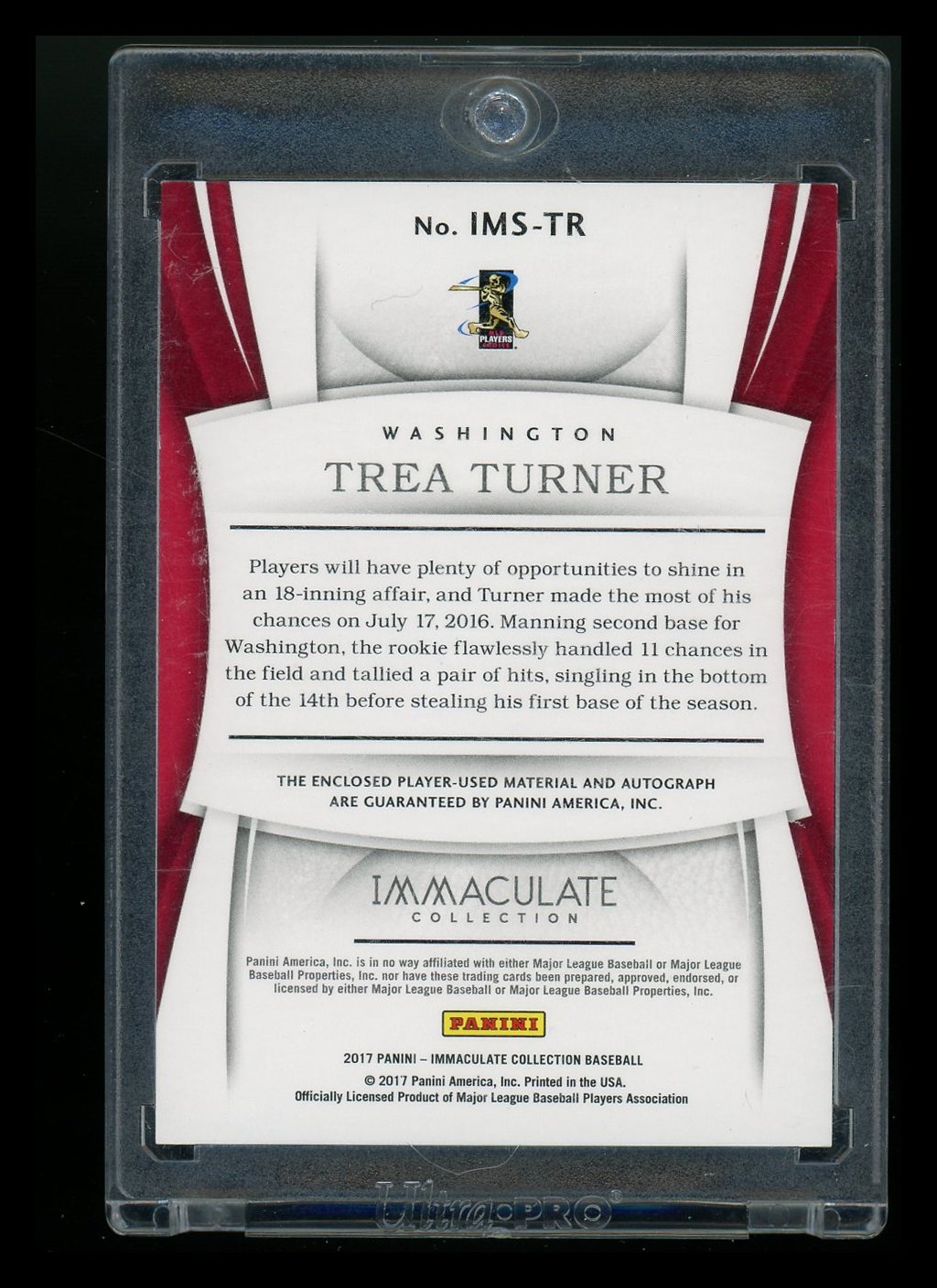 2017 Panini Immaculate Collection Trea Turner #IMS-TR Auto 54/99 Player-used