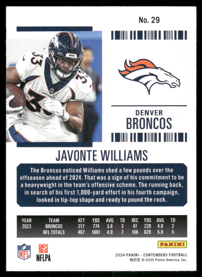 2024 Panini Contenders Football Javonte Williams #29 Football