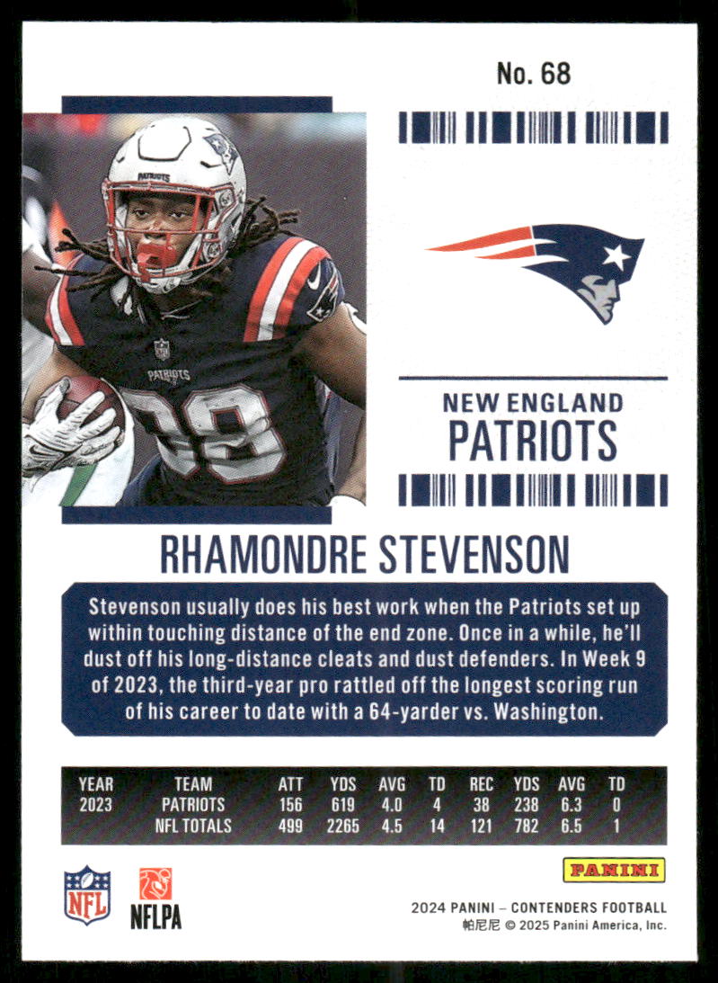 2025 Panini Contenders Football Rhamondre Stevenson #68 Red Football