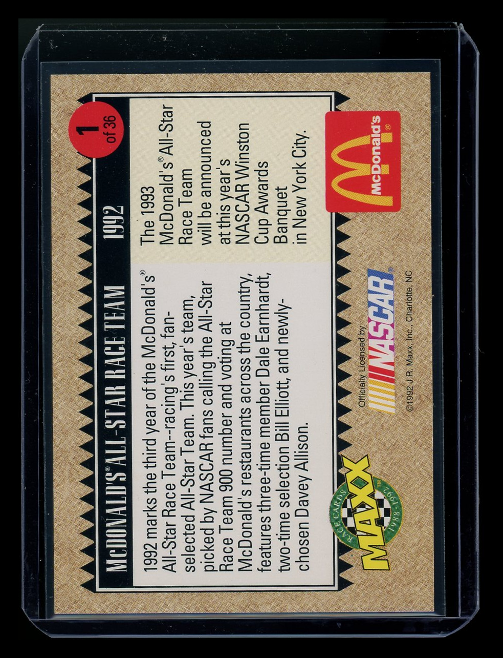 1992 Maxx McDonald's All-Star Race Team #1 Auto Racing