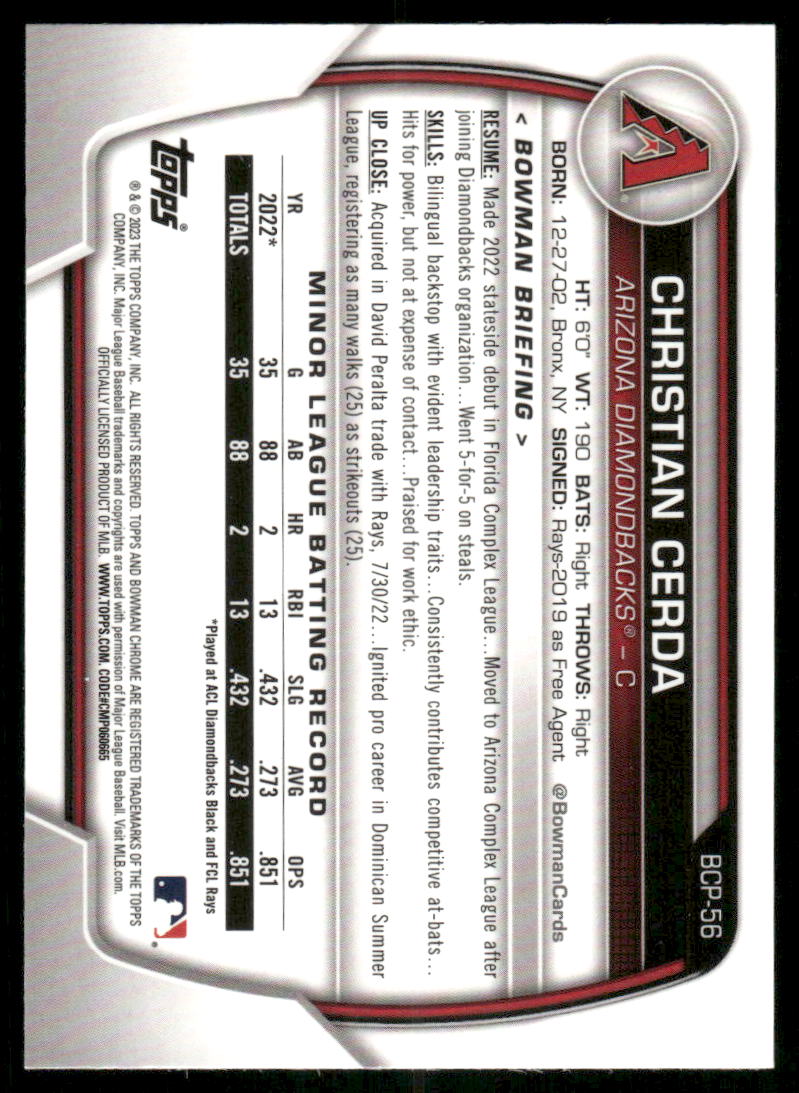 2023 Bowman Chrome Christian Cerda #BCP-55 1st Baseball