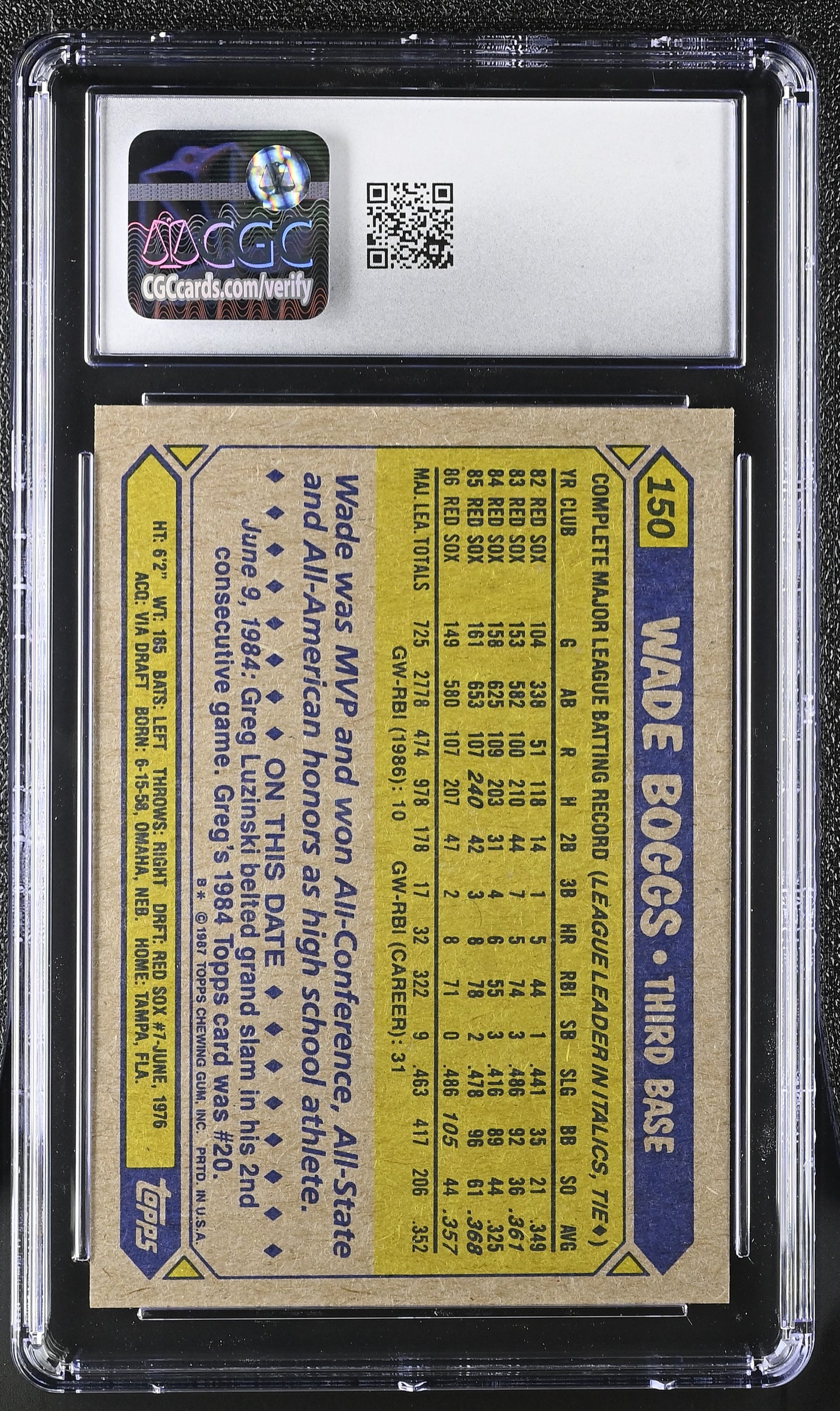 1987 Topps Wade Boggs #150 Baseball CGC 8