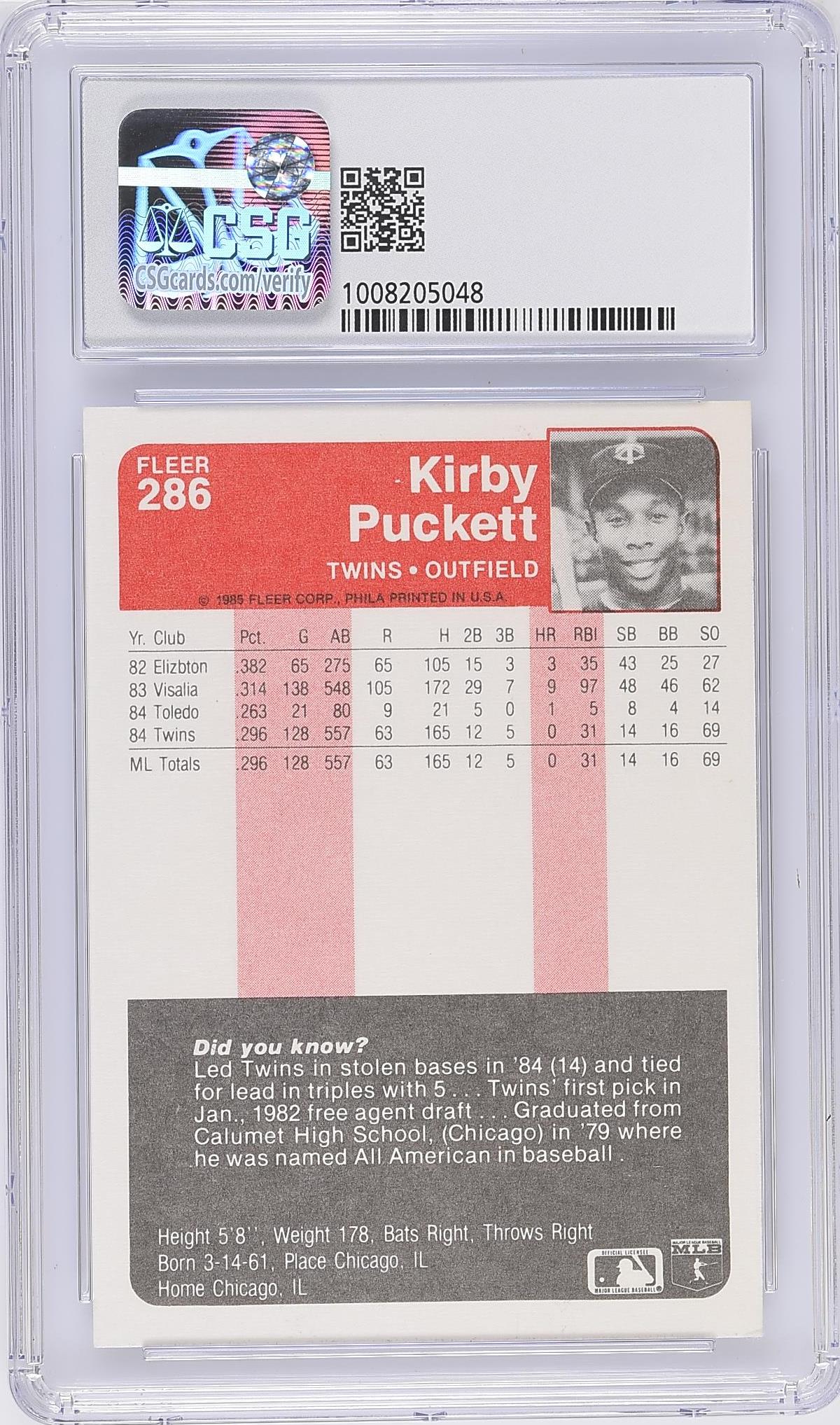 1985 Fleer Kirby Puckett #286 Baseball CGC 8.5