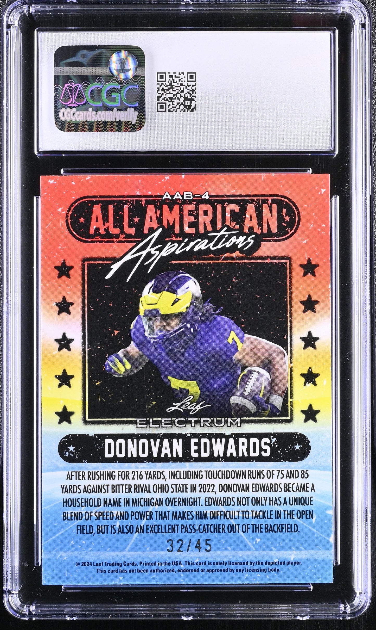 2024 Leaf Donovan Edwards #AAB-4 Bronze Sparkle 32/45 All-American CGC 10