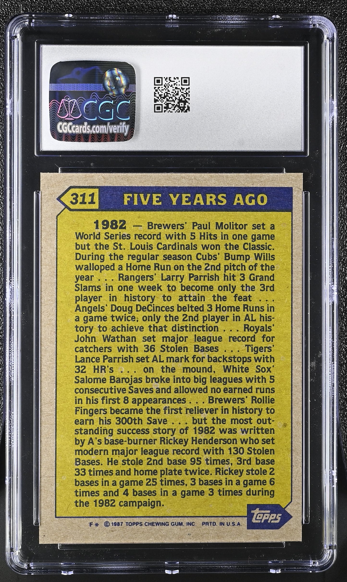 1987 Topps Rickey Henderson #311 Baseball CGC 9