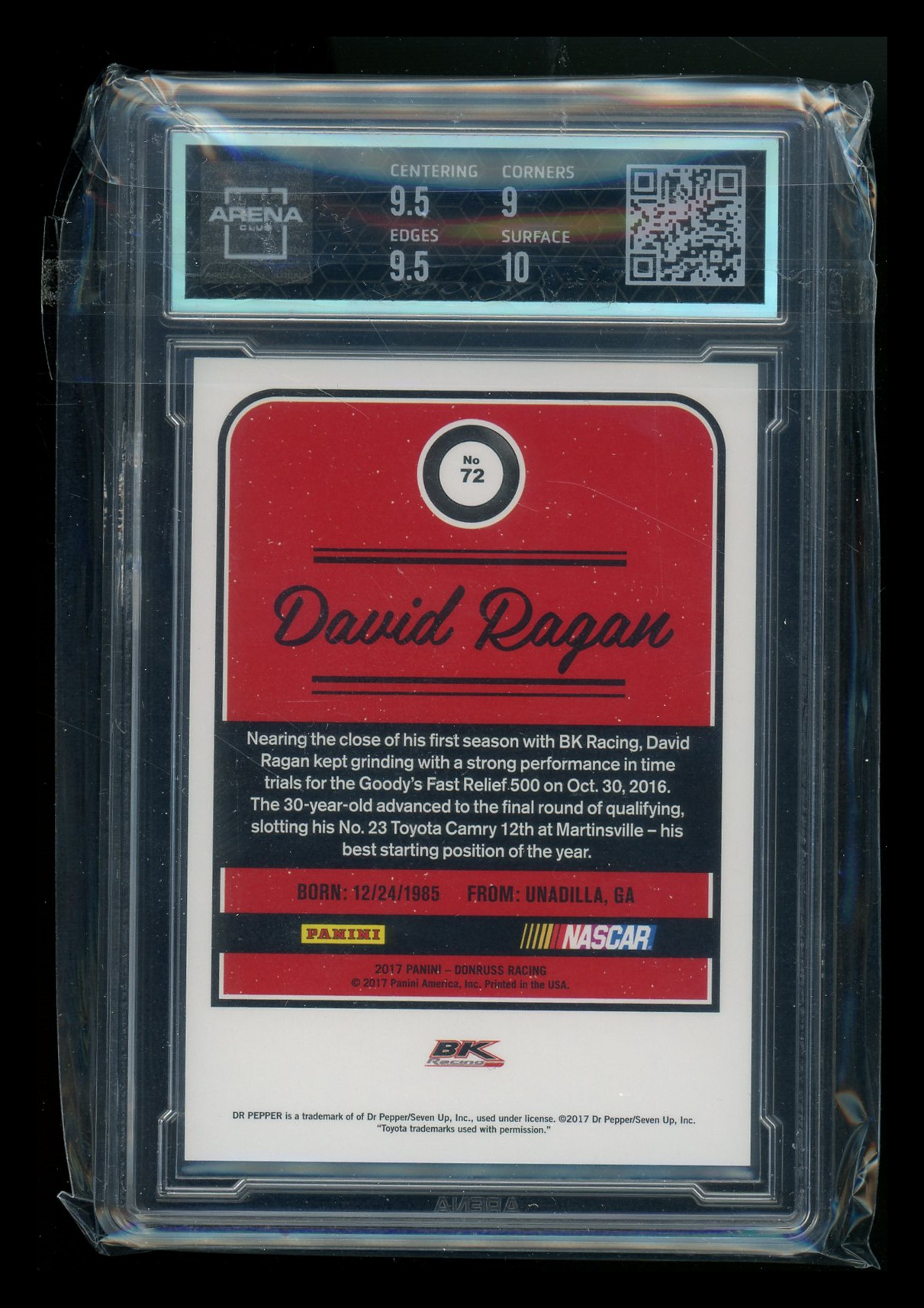 2017 Donruss NASCAR Blue Foil David Ragan #72 272/299 Racing Arena Club 9.5
