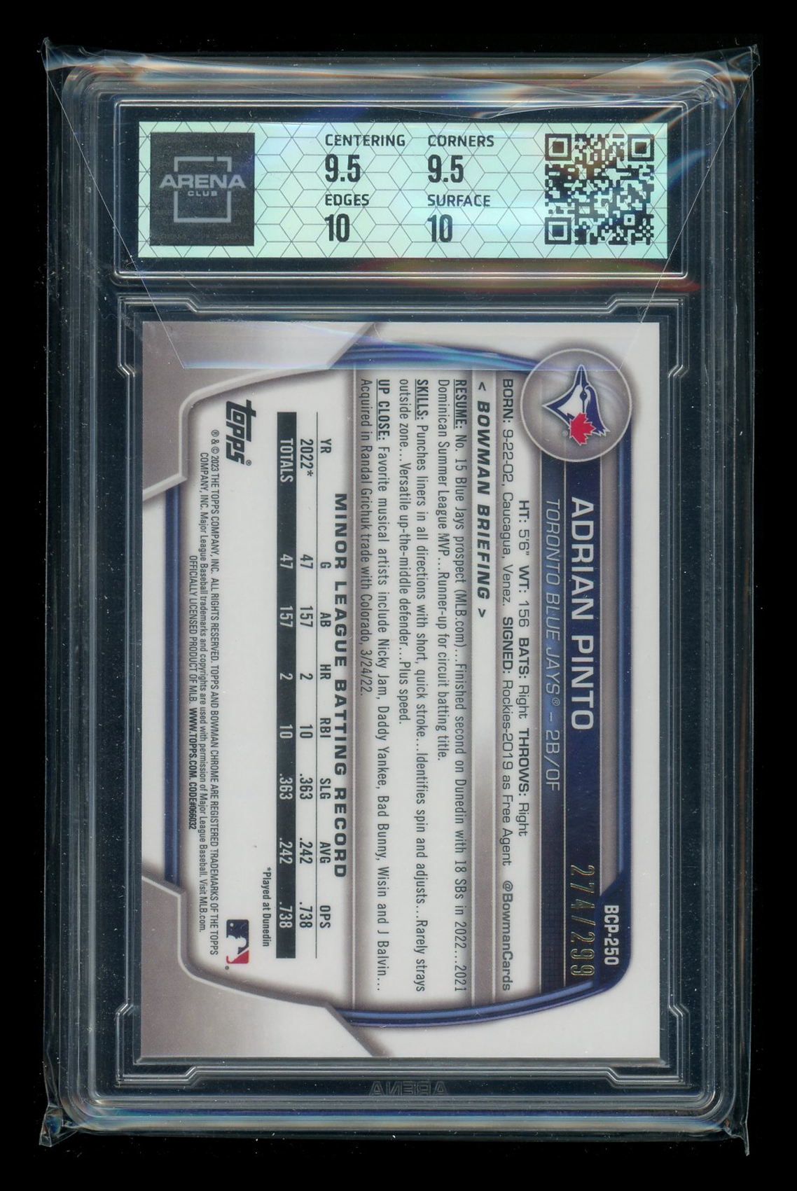 2023 Bowman Chrome Purple Refractor Adrian Pinto #BCP-250 274/299 Arena Club 10