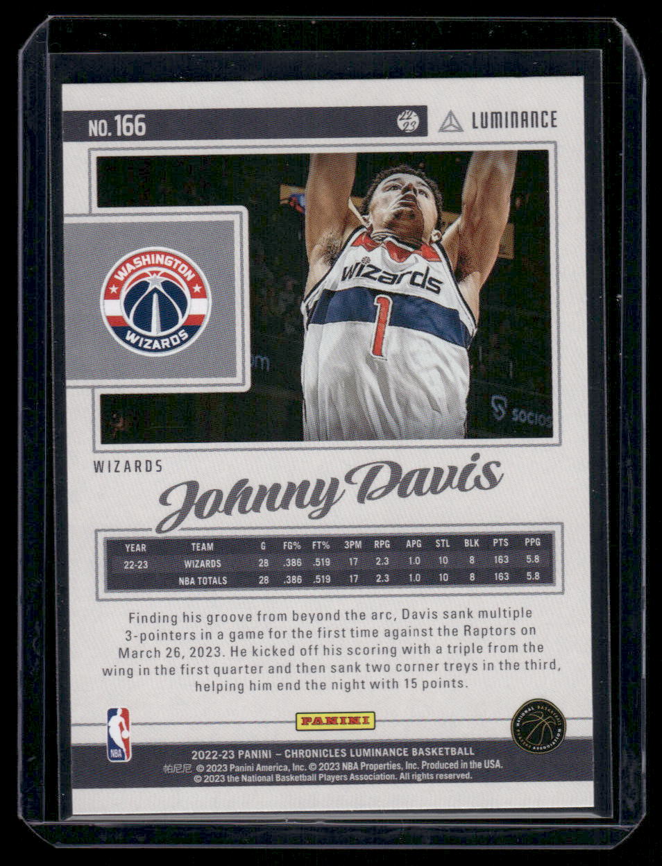 2022-23 Panini Chronicles Luminance Johnny Davis #166 Basketball