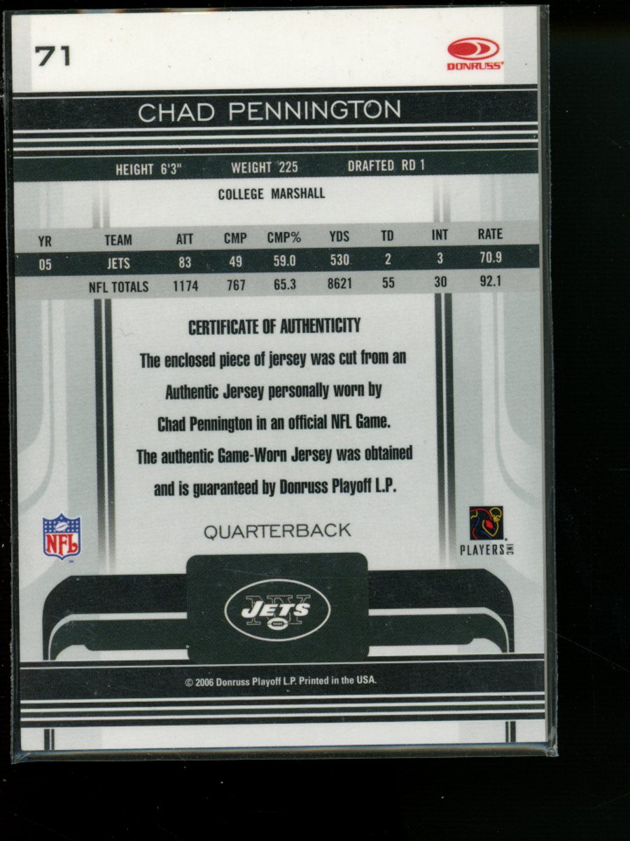 2006 Donruss Gridiron Gear Chad Pennington #71 Game-Used Jersey Football