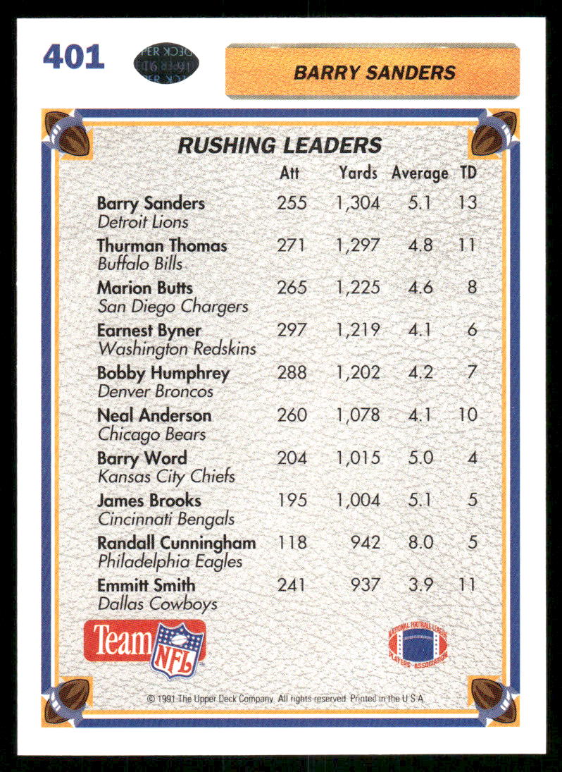 1991 Upper Deck Barry Sanders #401 Football