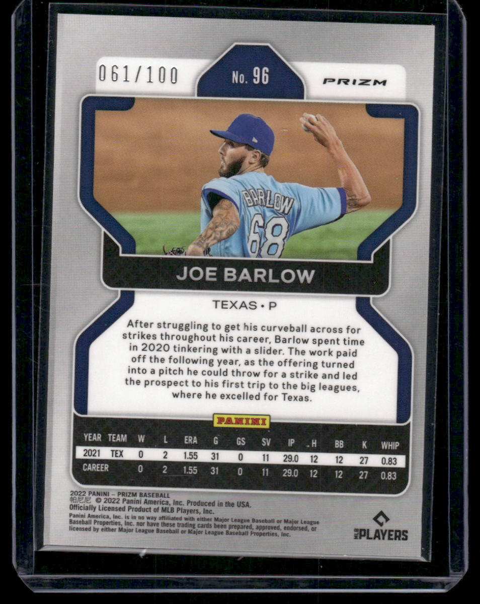 2022 Panini Prizm Joe Barlow #96 Orange RC 061/100 Baseball