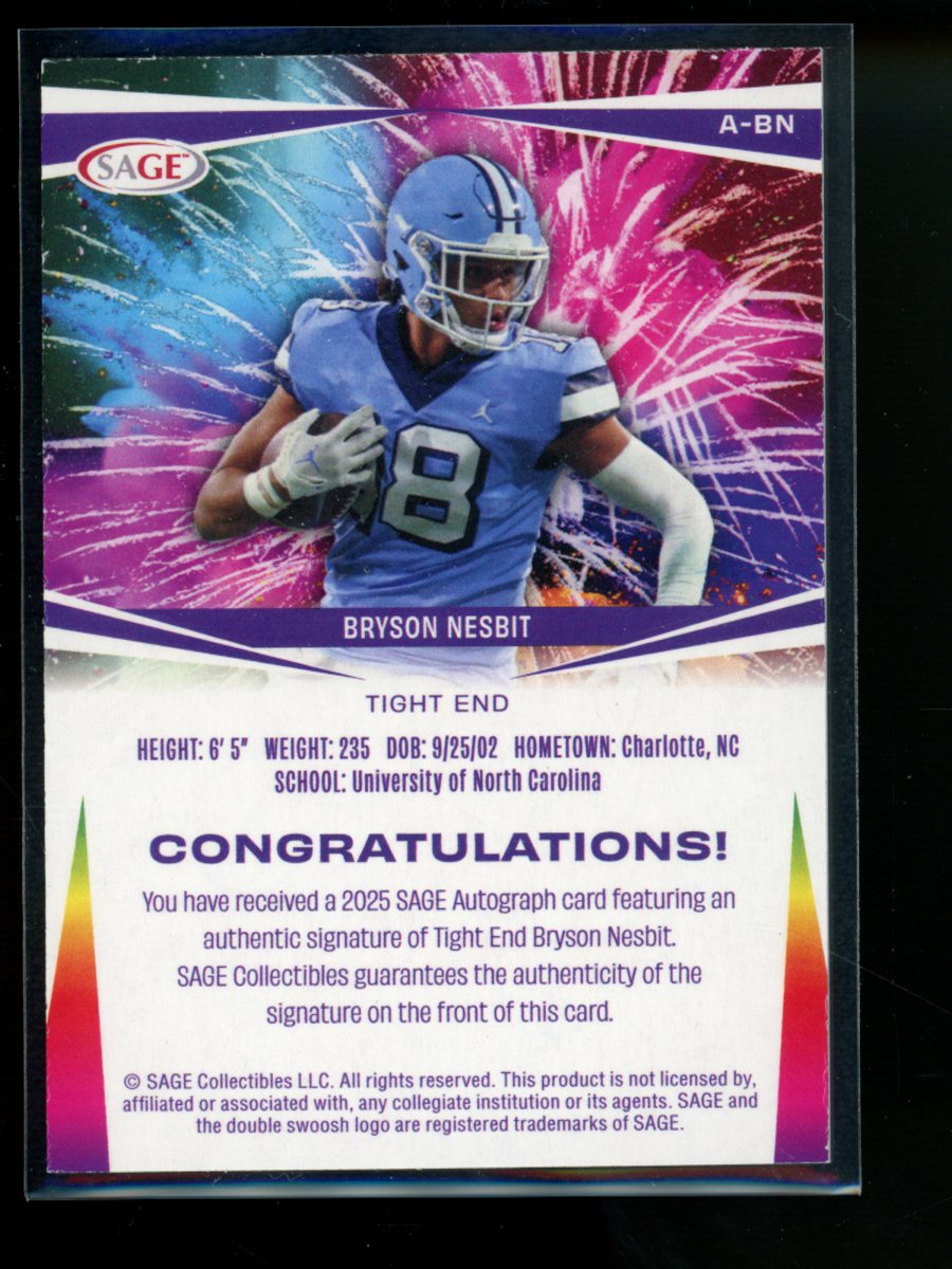 2025 SAGE Bryson Nesbit #A-BN Autograph 100/100 Football