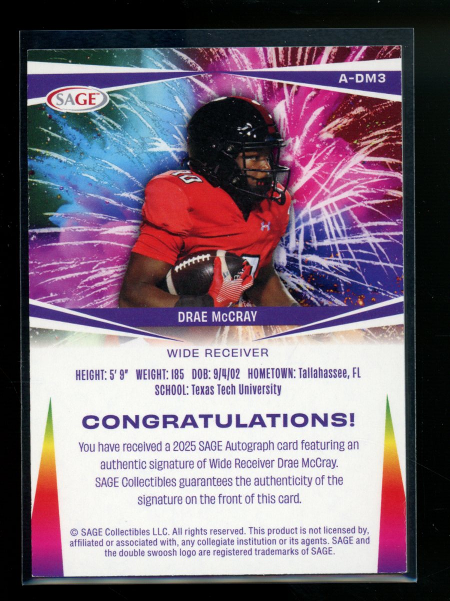 2025 Sage Drae McCray #A-DM3 Autograph Football