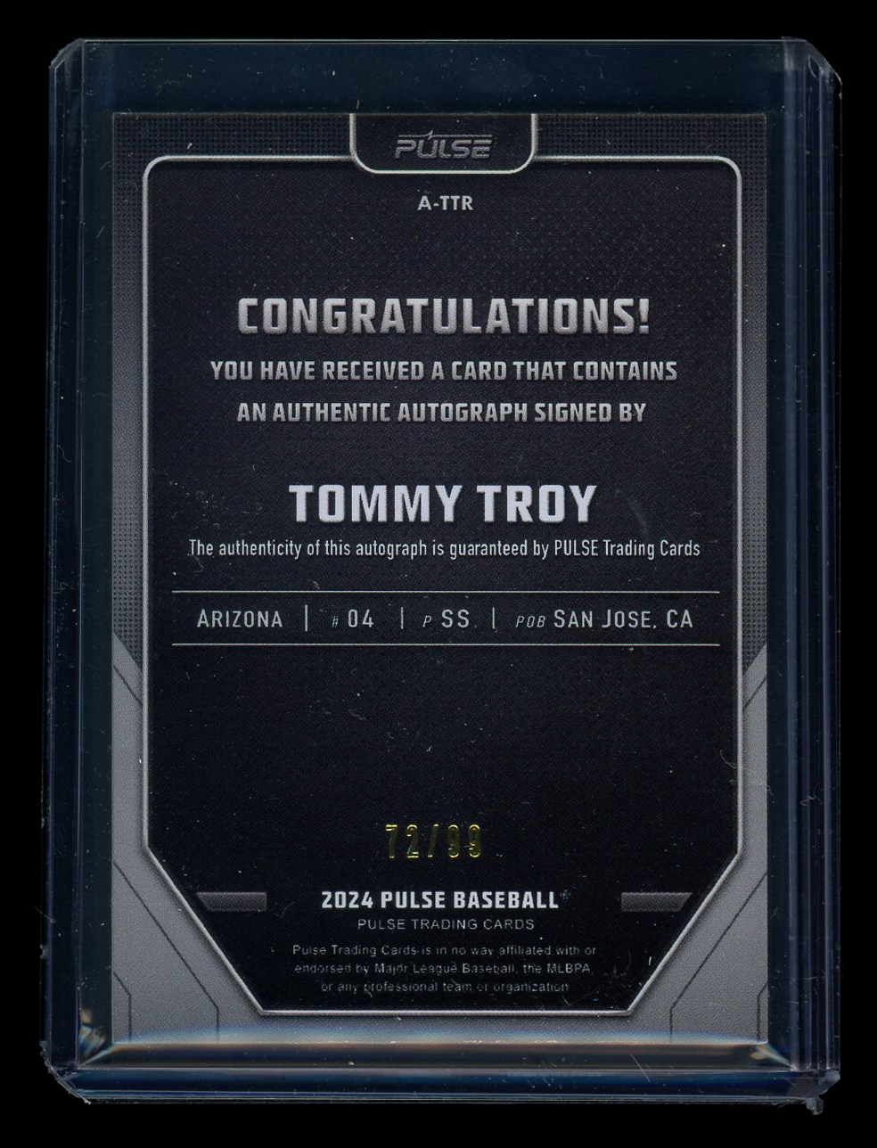 2024 Pulse Baseball Tommy Troy #A-TTR Red Auto 72/99 Baseball
