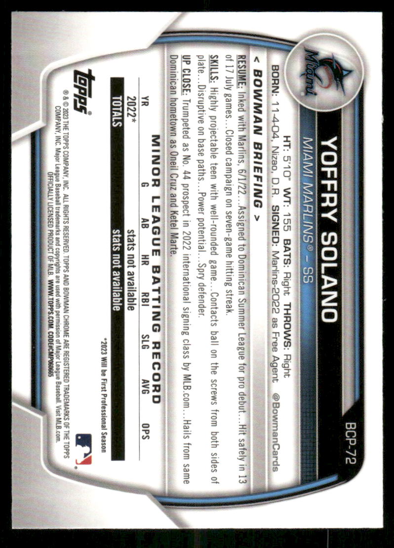 2023 Bowman Chrome 1st Yoffry Solano #BCP-72 Baseball