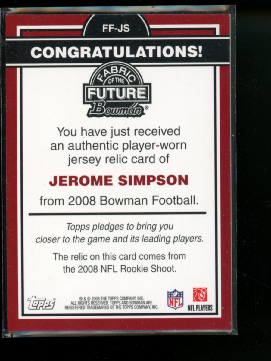 2008 Bowman Fabric of the Future Jerome Simpson #FF-JS Jersey Relic Football