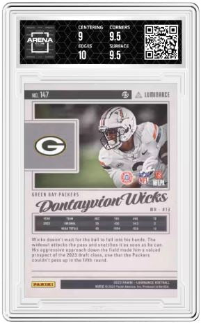 2023 Panini Luminance Dontayvion Wicks #147 Green 008/100 Arena Club 9.5