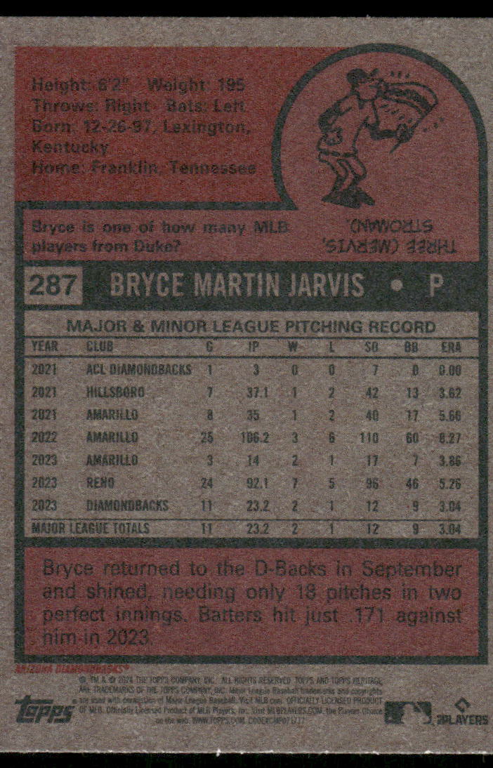 2024 Topps Heritage Bryce Jarvis #287 RC Baseball