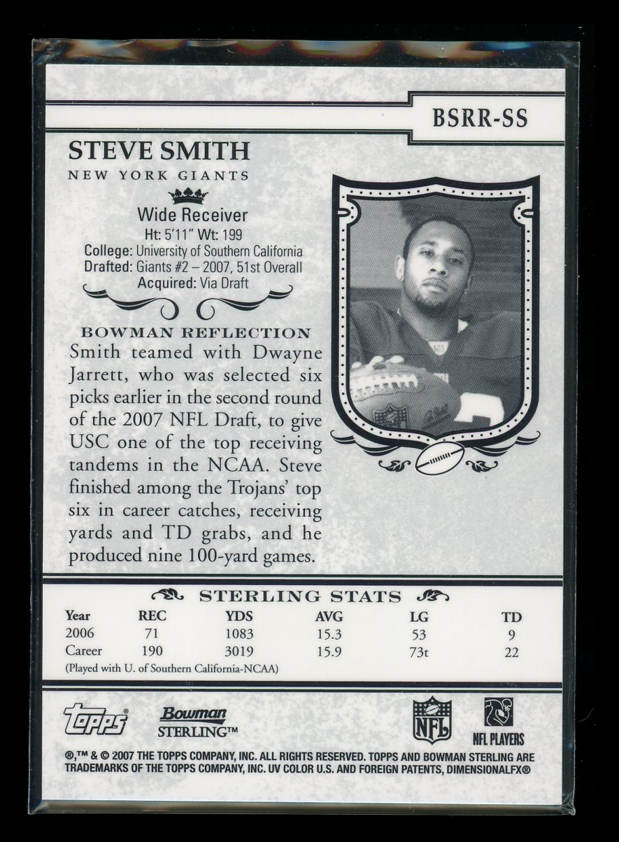 2007 Topps Bowman Sterling Steve Smith #BSRR-SS RC Football