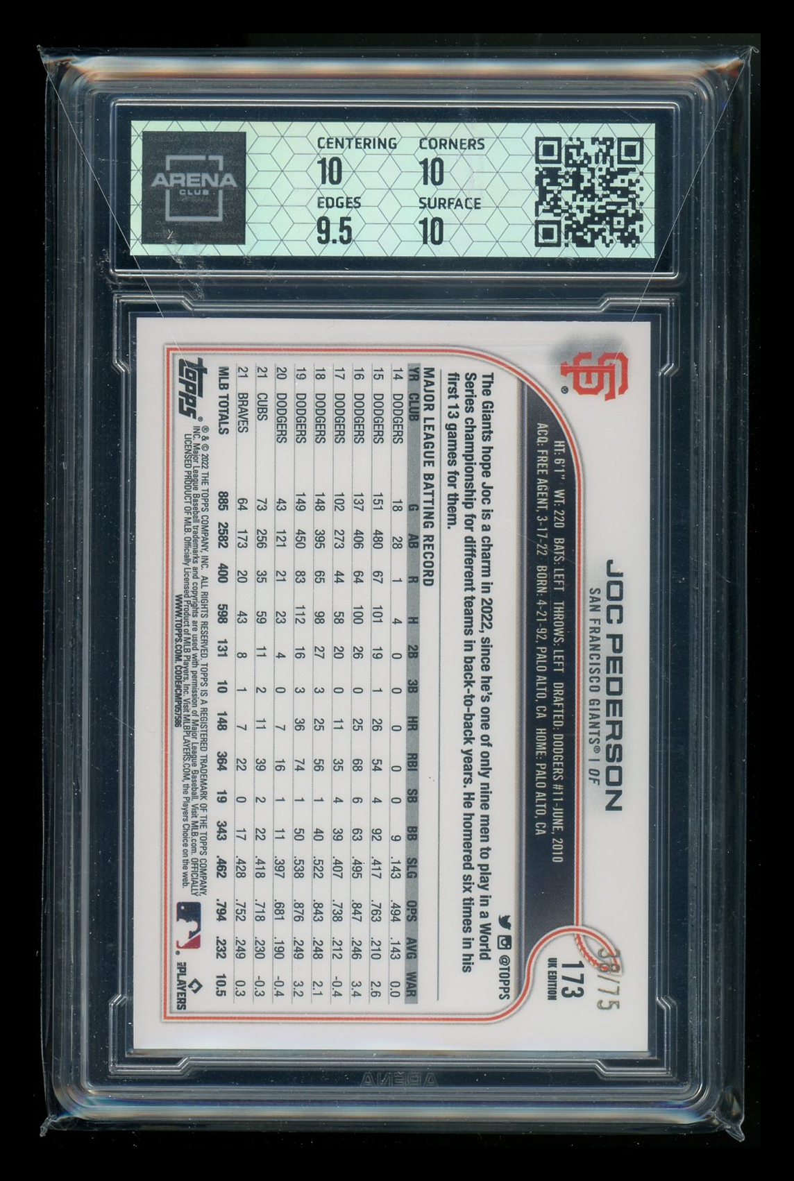2022 Topps UK Edition Blue Joc Pederson #173 38/75 Baseball Arena Club 10