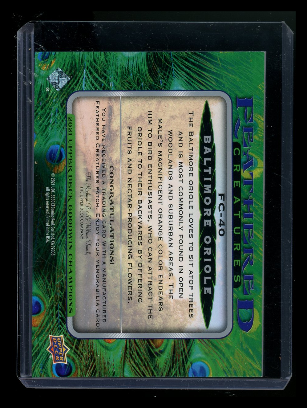 2021 Upper Deck Goodwin Feathered Creatures Baltimore Oriole Patch #FC-40