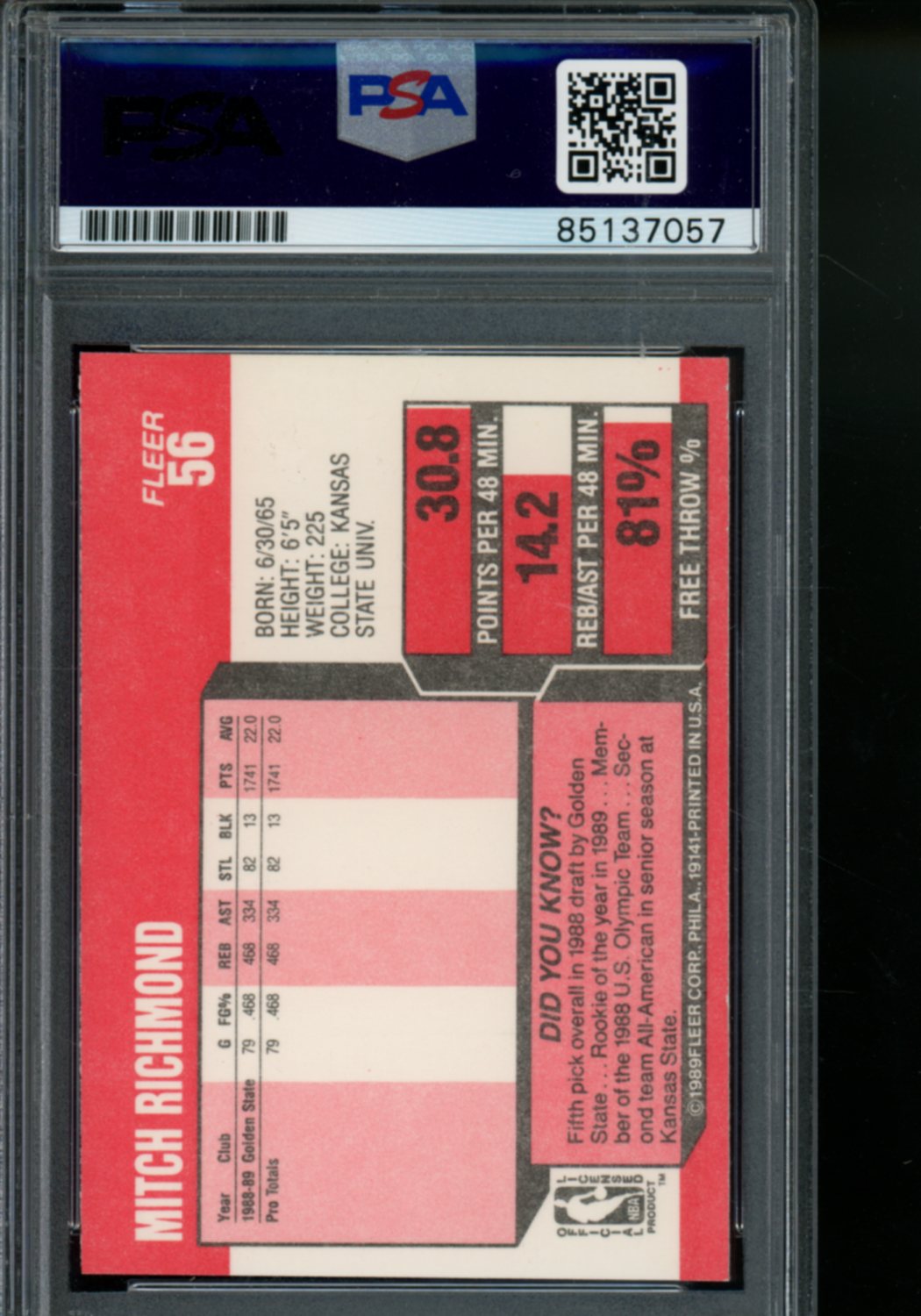 1989 FLEER MITCH RICHMOND GOLDEN STATE WARRIORS SIGNED RC #56 PSA/DNA AUTO 10