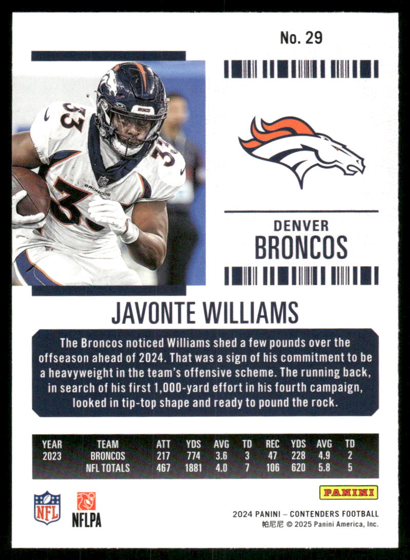 2024 Panini Contenders Football Javonte Williams #29 Red Football