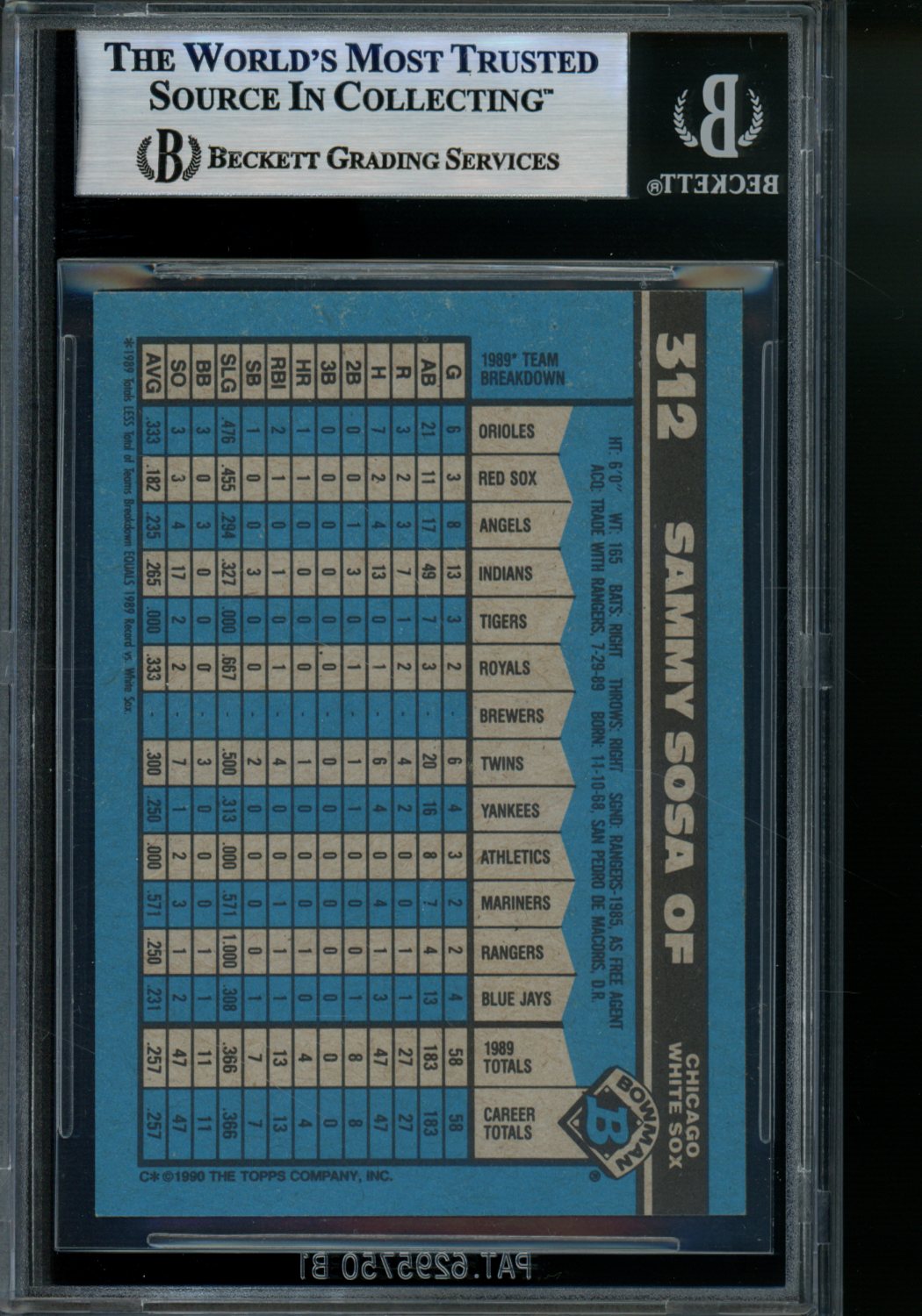 1990 Bowman Sammy Sosa #312 Rookie Baseball BGS Authentic