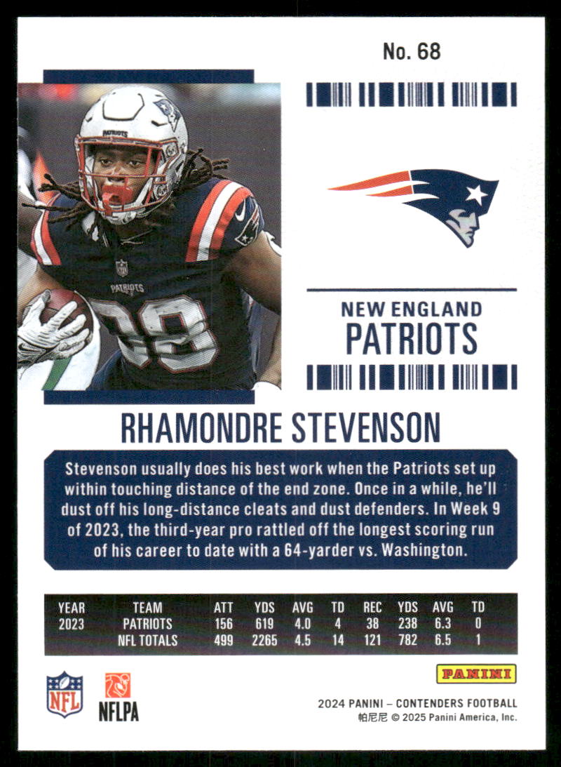 2024 Panini Contenders Football Rhamondre Stevenson #68 Football