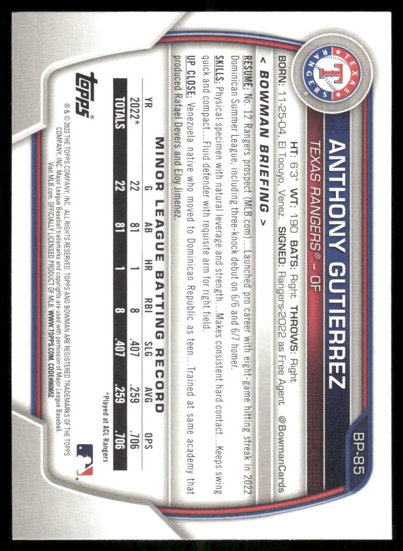 2023 Bowman Anthony Gutierrez #BP-89 Baseball