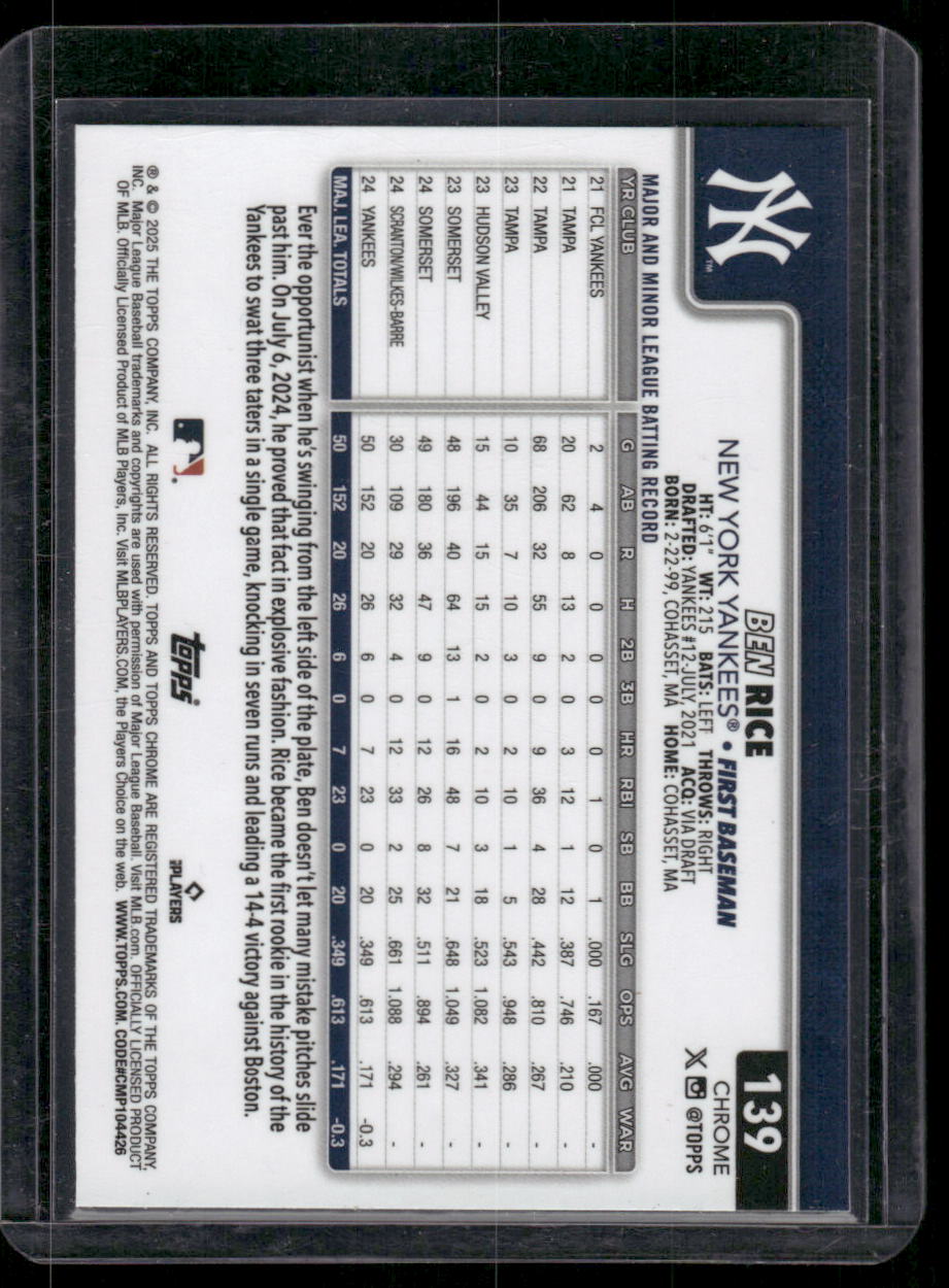 2025 Topps Chrome Ben Rice #139 RC Baseball