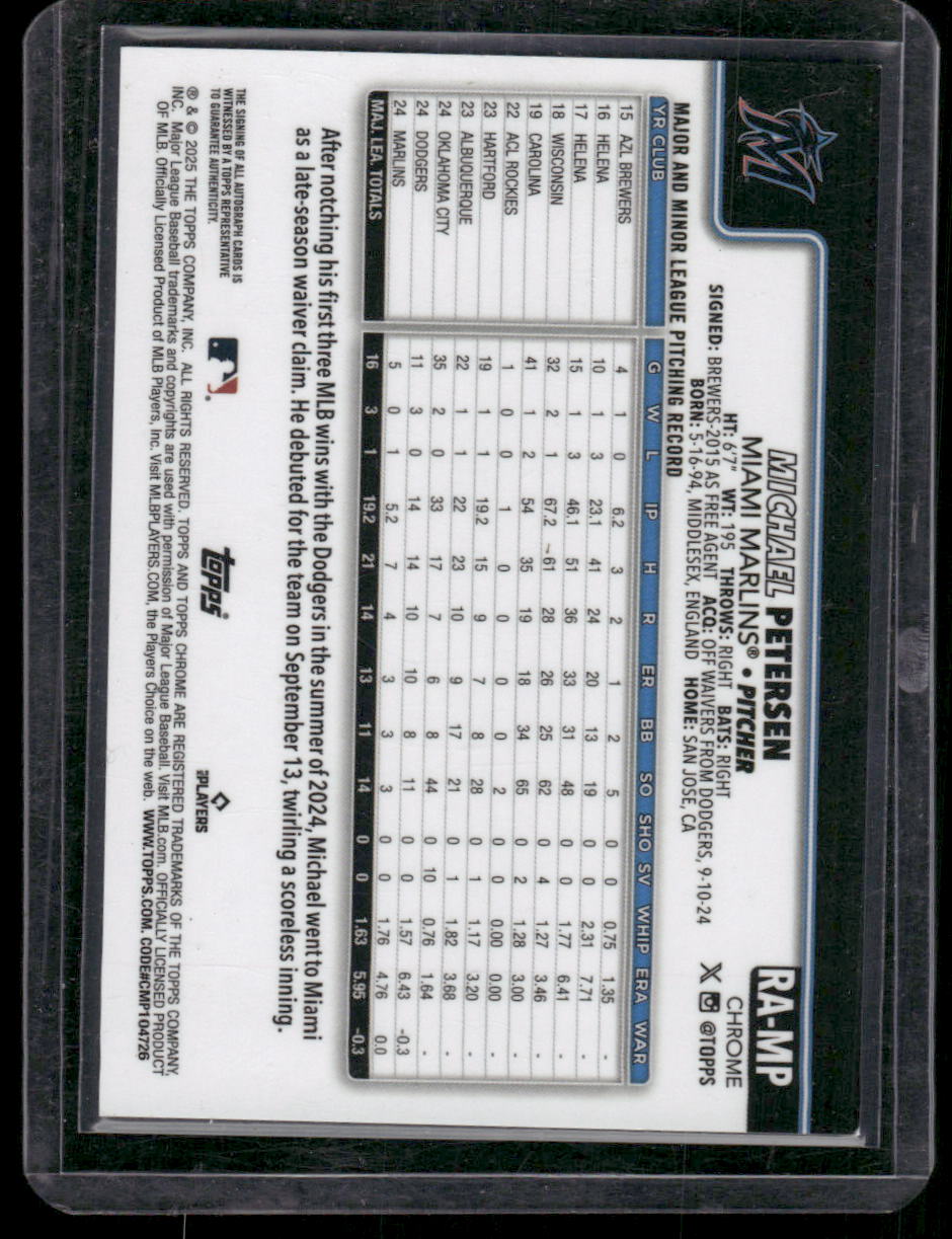 2025 Topps Chrome Michael Petersen #RA-MP Autograph RC Baseball