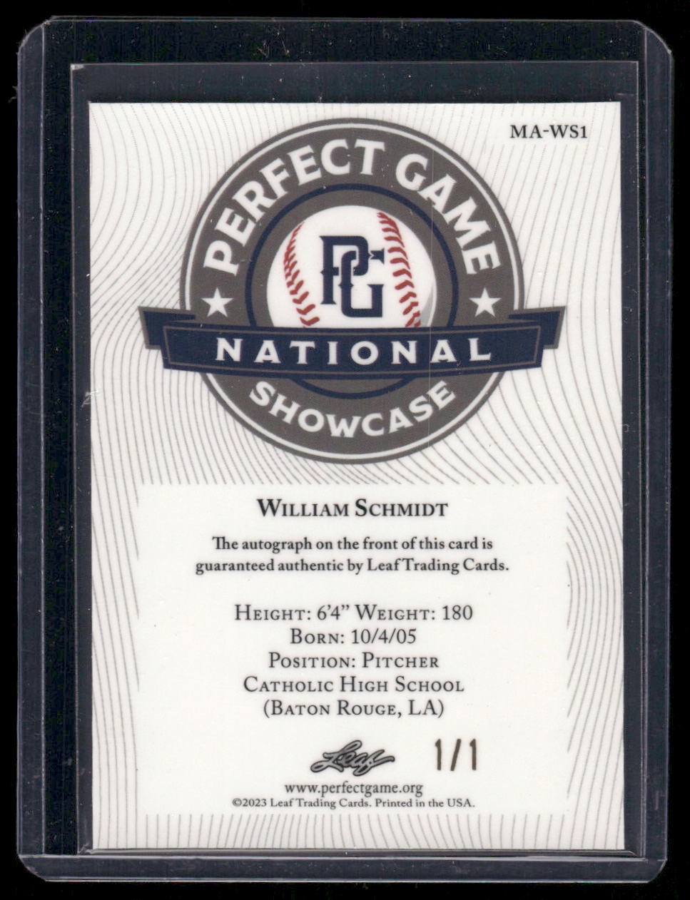 2023 Leaf Metal Perfect Game National Showcase William Schmidt #MA-WS1 1/1 Auto