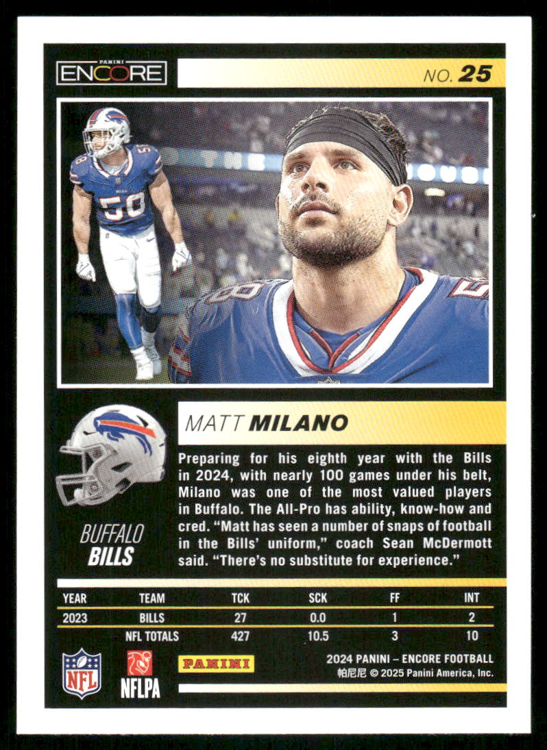 2025 Panini Pinnacle Encore Matt Milano #25 Football
