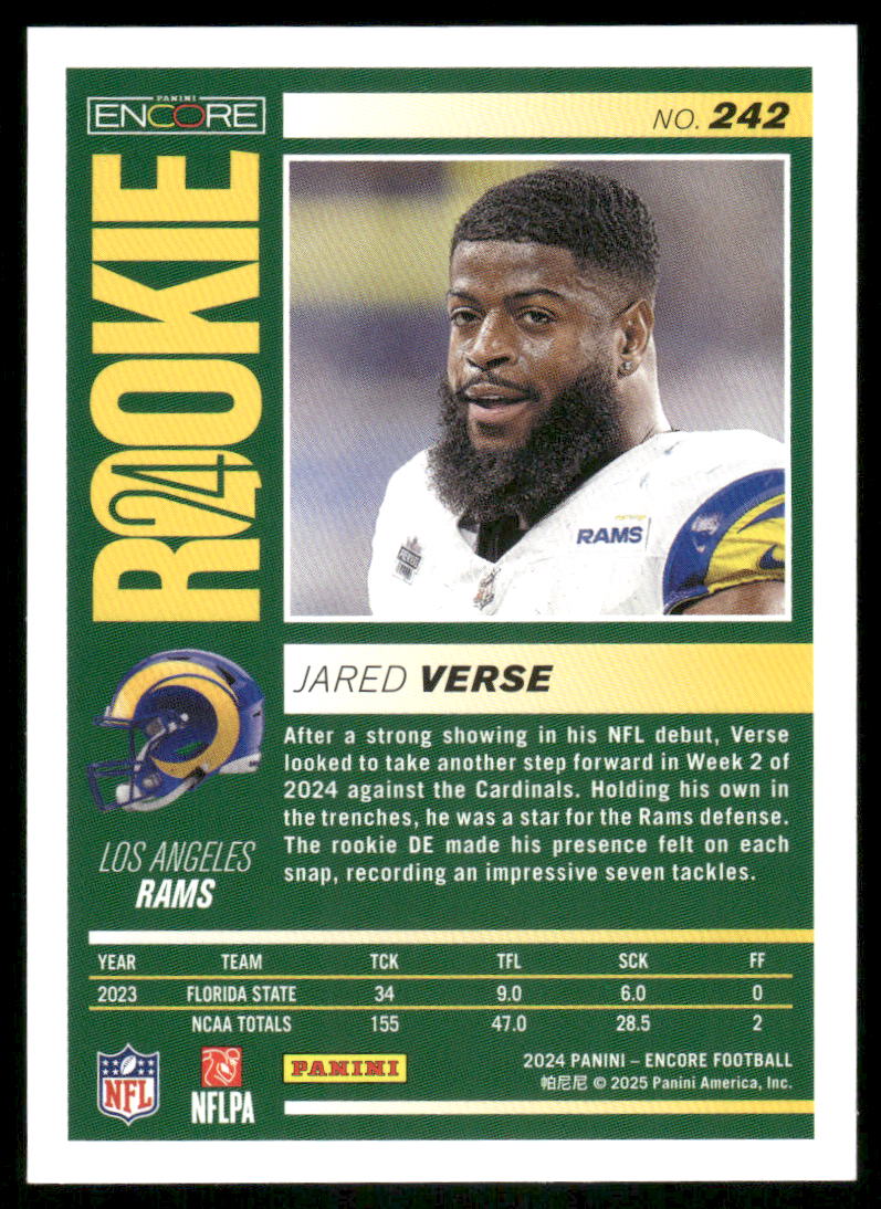 2025 Panini Pinnacle Jared Verse #242 RC Football