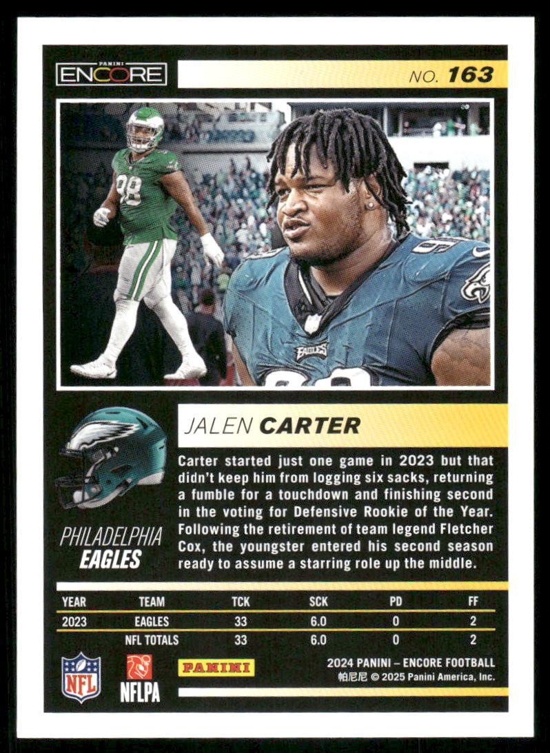 2025 Panini Pinnacle Encore Jalen Carter #163 Football
