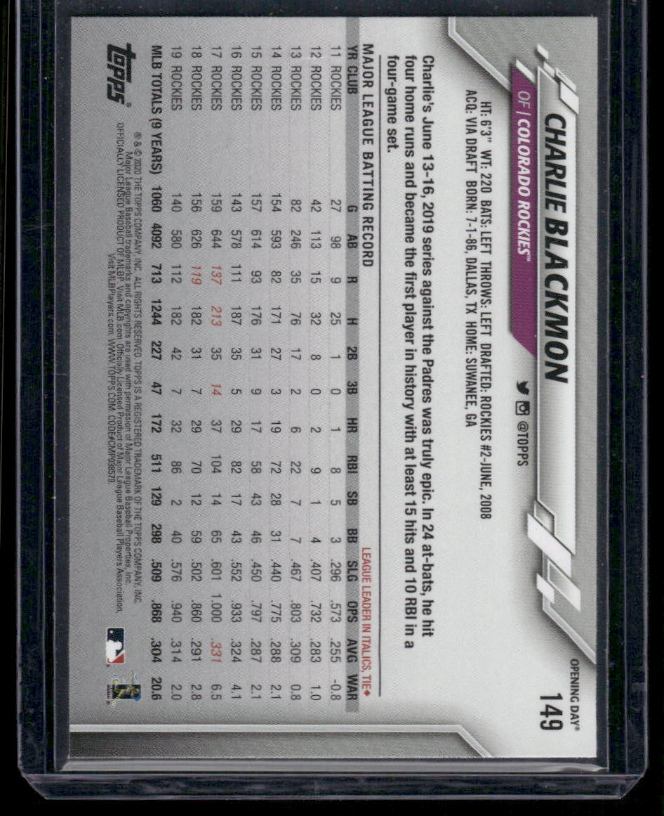 2020 Topps Opening Day Charlie Blackmon #149 / Baseball